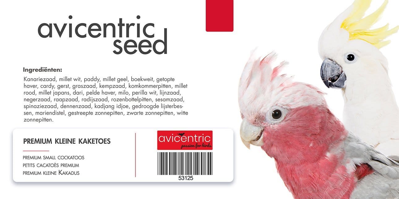Productlabel AviCentric V.O.F. | Papegaaienvoer Premium Kleine Kaketoe emmer 2kg.